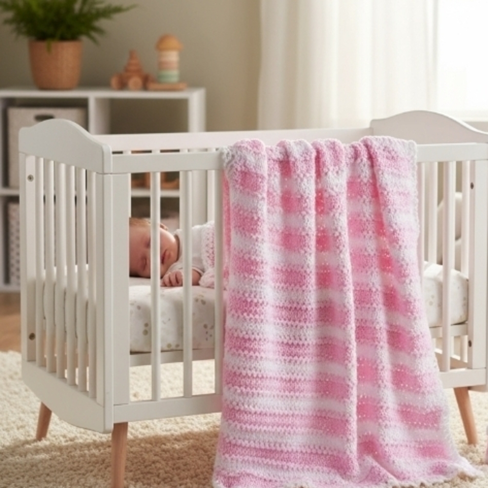 Pink Striped Hand Crochet Baby Blanket W37 L56